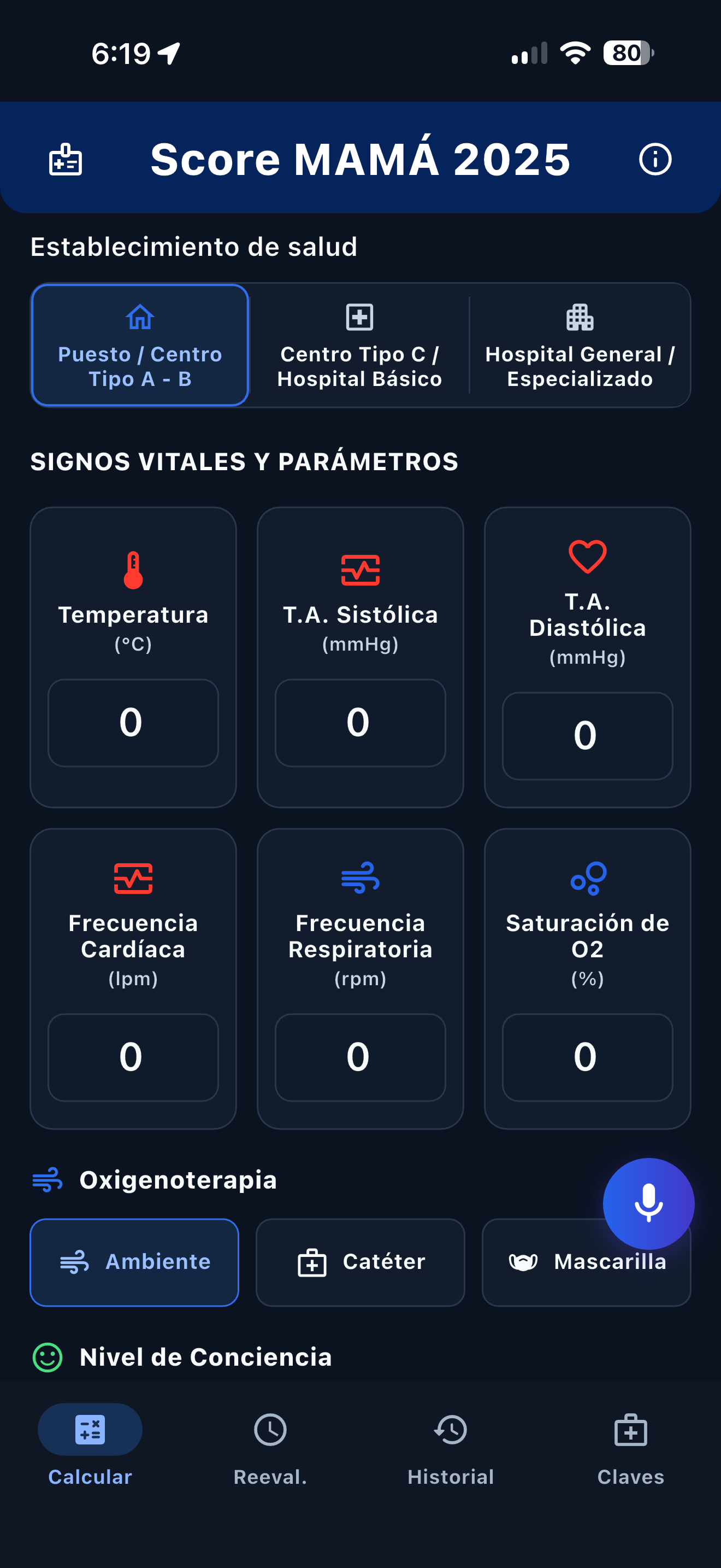 Ingreso de parámetros para calcular Score MAMÁ