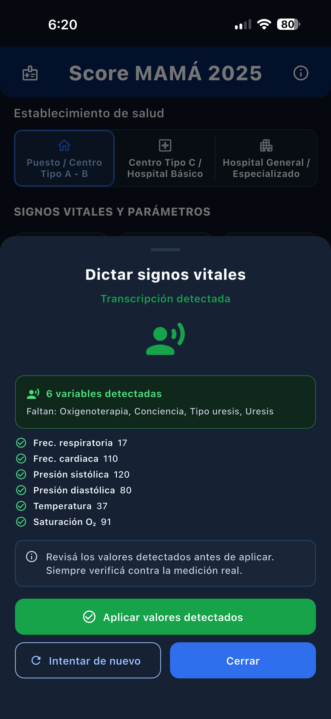 Revisión de parámetros reconocidos mediante dictado