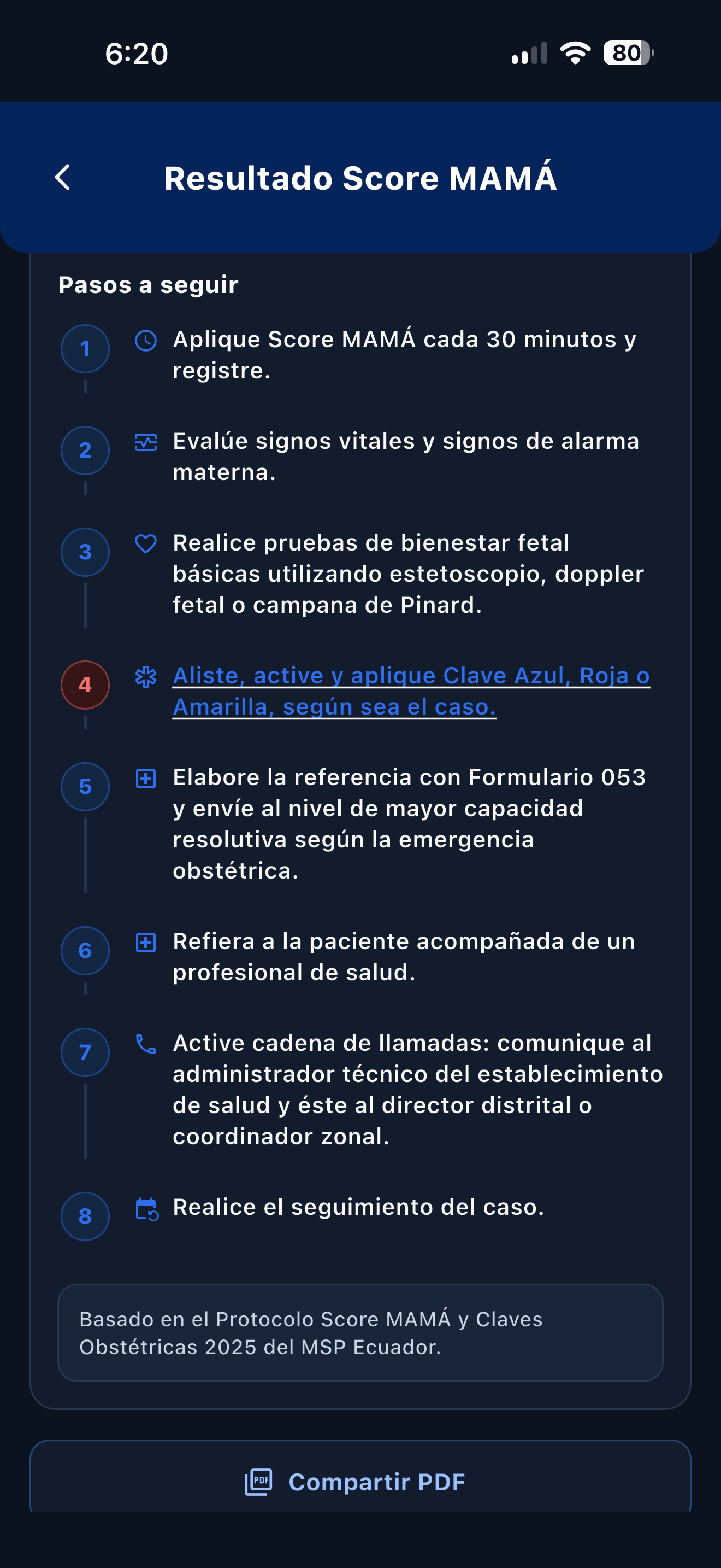 Pasos a seguir mostrados por la aplicación