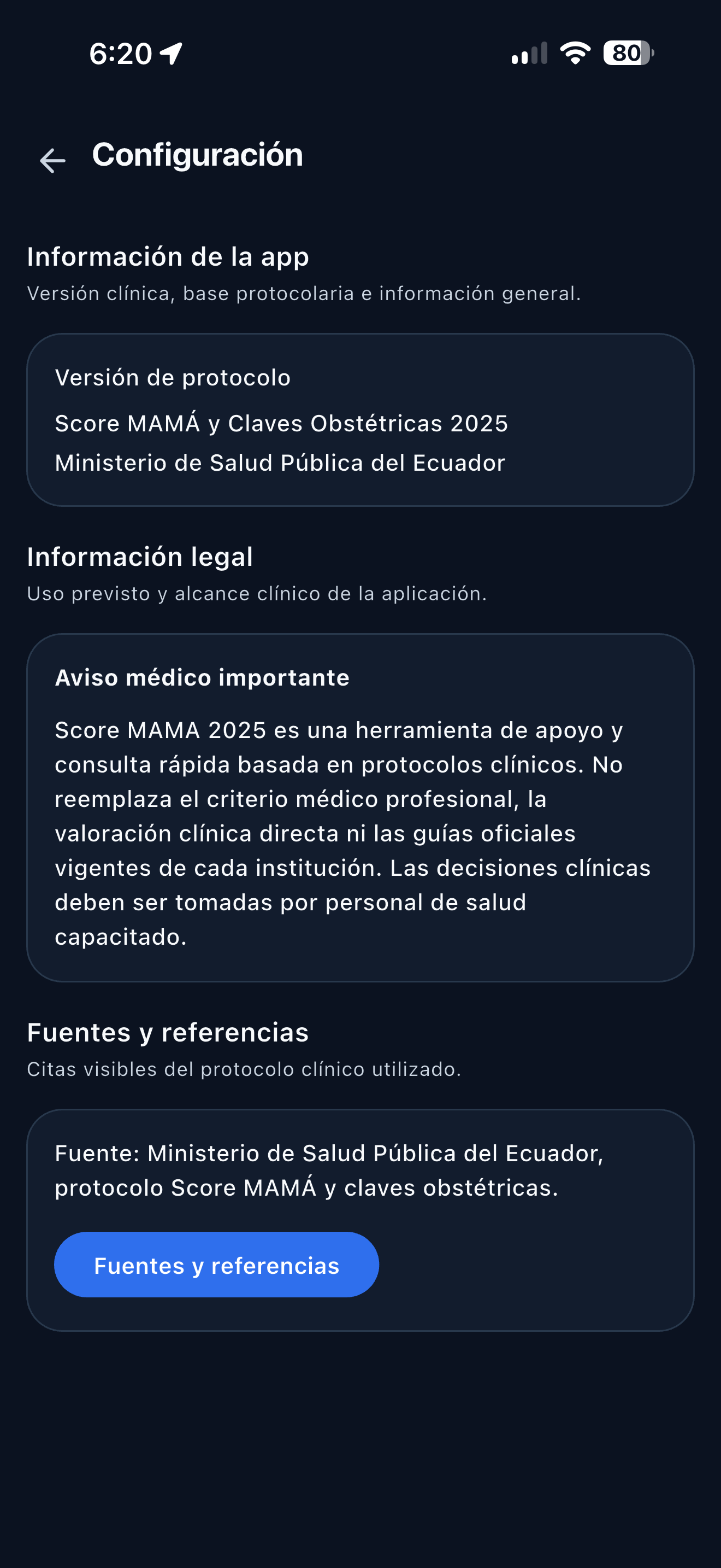 Pantalla de información, fuentes y avisos de seguridad de la aplicación